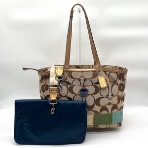 Coach Signature Brown and Tan Travel/Diaper Bag with Navy changing pad